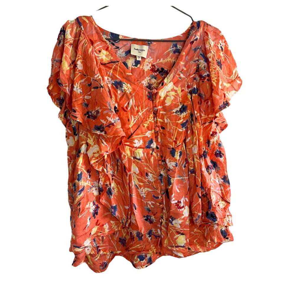 Haute Hippie Tribe Coral Orange Floral Ruffle Sleeve Button Front Blouse